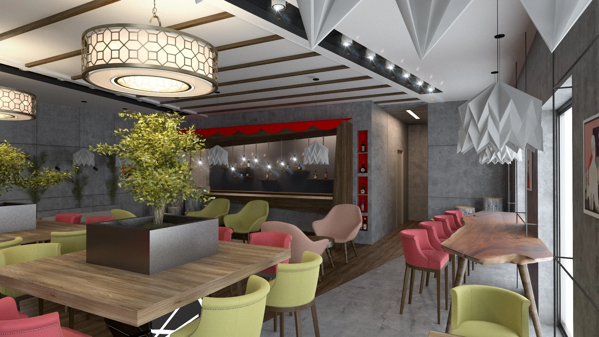 Aktar Cafe tasarım görselinde masa grupları, renkli sandalyeler ve sarkıt aydınlatmalar