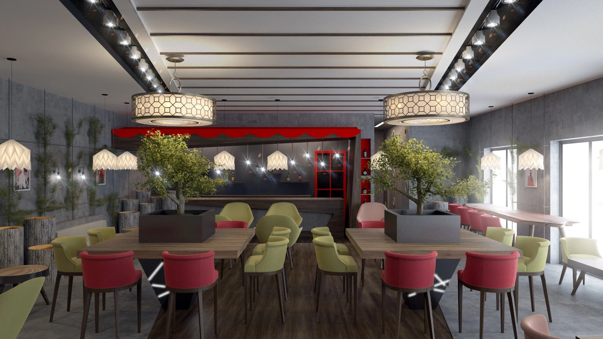 Aktar Cafe iç mekân tasarımında oturma grupları ve geçiş alanları